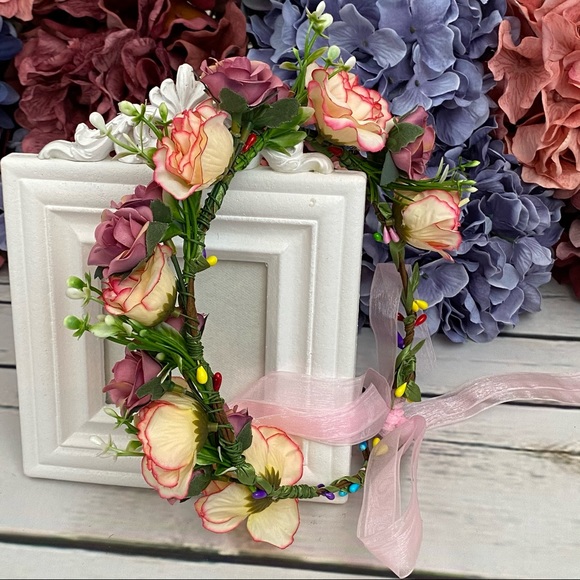 Bohemian Pink & Purple Rose Crown Hair Wreath - Picture 4 of 12